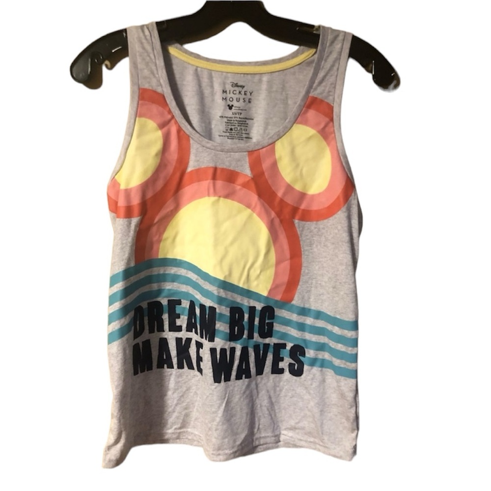 Disney Mickey Mouse Big Dreams Make Waves BIG LOGO Rainbow Grey Tank Top XS